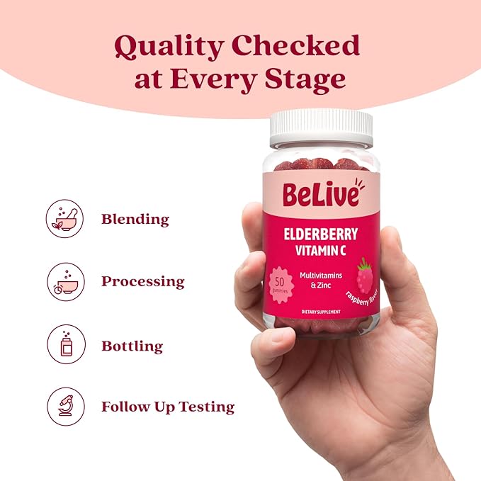 BeLive Elderberry Gummies with Vitamin C - Double Strength Elderberries Extract - Zinc, Multivitamins, B-Complex - for Immune Support Vitamins, Raspberry Flavor (250 Ct - 5 Packs)