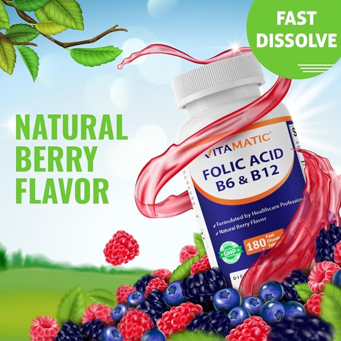 Vitamatic Folic Acid, Vitamin B12 & B6 – 180 Fast Dissolve Tablets Heart Health, Energy Production & Red Blood Cell Support (Pack of 2)