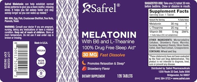 Safrel Melatonin 30mg - with B6 & L-Theanine - 120 Fast Dissolve Tablets with Natural Berry Flavor (2 Tablets Dose = Melatonin 60mg) (120 Count (Pack of 1))