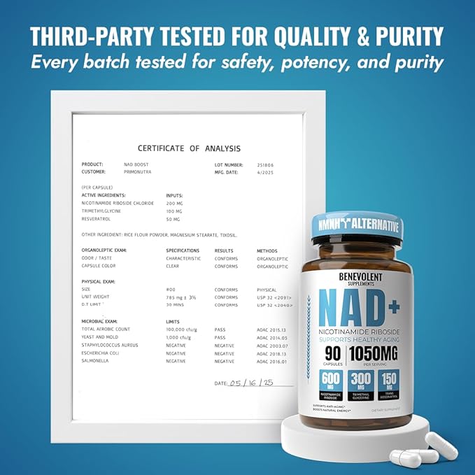 Benevolent NAD+ Supplement 1050mg, Max Absorption 3in1 NAD Supplements for Women & Men with Nicotinamide Riboside, Trans-Resveratrol & TMG, NAD Plus for Cellular Energy, Brain Support & Aging, 90 Caps