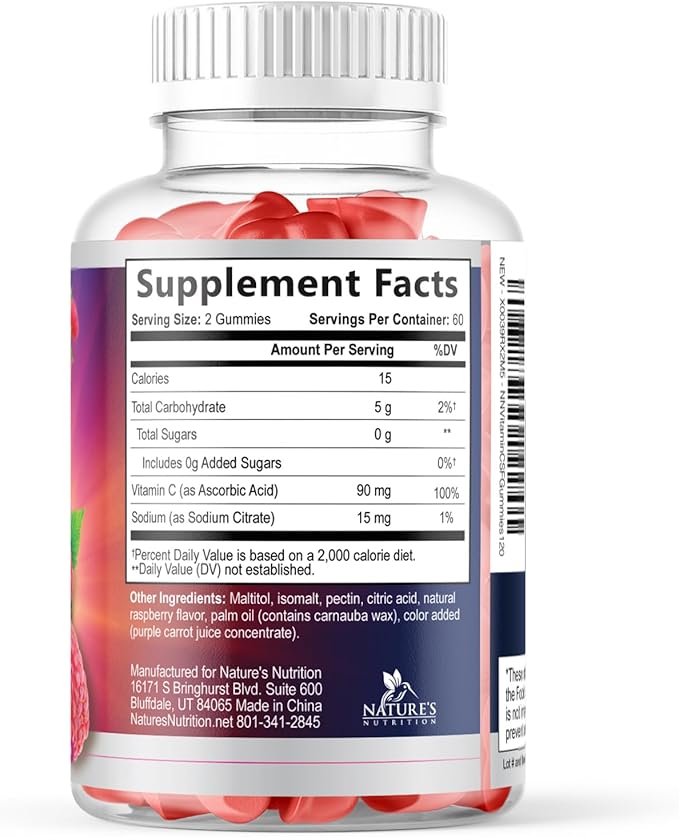 Vitamin C Gummies - 100% of Daily Vitamin C & Sugar Free - Immune Support with Powerful Antioxidants - Nature's Vegan VitaminC Dietary Supplement - Raspberry Flavor for Kids & Adults - 120 Gummies