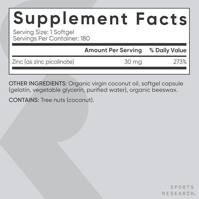 Sports Research High Potency Zinc Picolinate 30mg with Organic Coconut Oil | Highly Absorbable Zinc Supplement for Healthy Immune & Enzyme Function - Non-GMO Tested & Gluten-Free (180 Liquid Softgels)