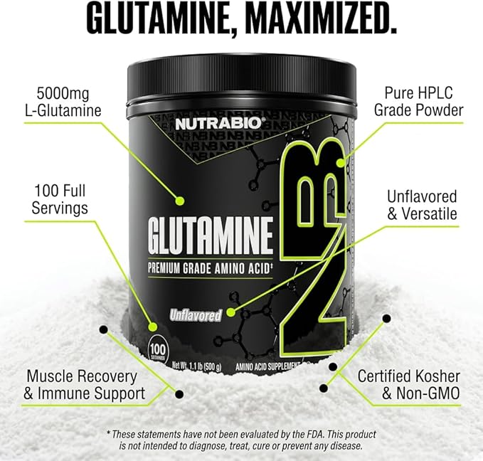 NutraBio Pure L-Glutamine Powder, 100 Servings L-Glutamine Supplement, Amino Acid, Pure Grade, Glutamina, Absolutely no Additives, Fillers or Excipients, Muscle Recovery Supplement - (500 Grams)