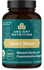 Organic Lion's Mane Mushroom Supplement with Ashwagandha by Ancient Nutrition, Organic Lion's Mane Supports Healthy Energy and Concentration, Reduces Fatigue, Gluten Free and Keto Friendly, 30 Tablets