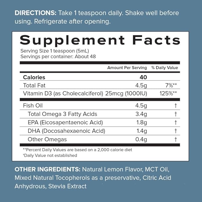 SFH Fish Oil 3400mg Omega 3 Liquid | Omega 3 Fish Oil Supplement with EPA DHA + Vitamin D3 1000 IU | Natural Orange Flavor | Wild Alaskan Pollock | 8 fl oz