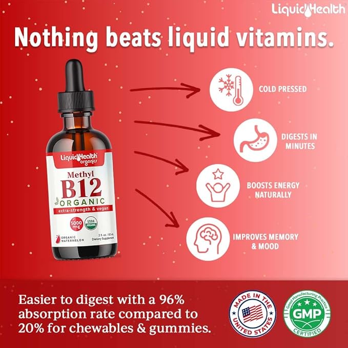 LIQUIDHEALTH USDA Organic Methyl Vitamin B12 Methylcobalamin Liquid Drops with Tart Cherry Juice - Boost Energy, Immune Support, Improve Memory & Concentration - USA Made, Vegan, Non-GMO (3 Pack)
