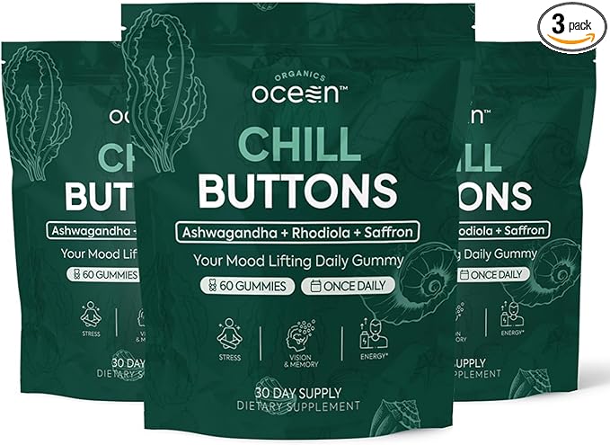 Organics Ocean Chill Buttons – Natural Ashwagandha Gummy Supplement with Organic KSM-66, Saffron & Rhodiola Rosea – Supports Relaxation, Mood, Focus & Energy - 3-Pack, 180 Count