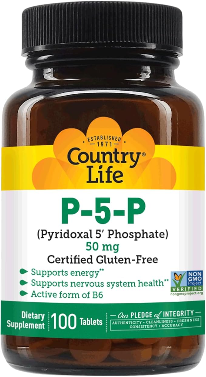 Country Life P-5-P Vitamin B6 – Bioavailable Pyridoxal-5-Phosphate Supplement for Energy, Nervous System Support, and Red Blood Cell Growth – Certified Gluten Free, Vegan, Non-GMO – 100 Capsules