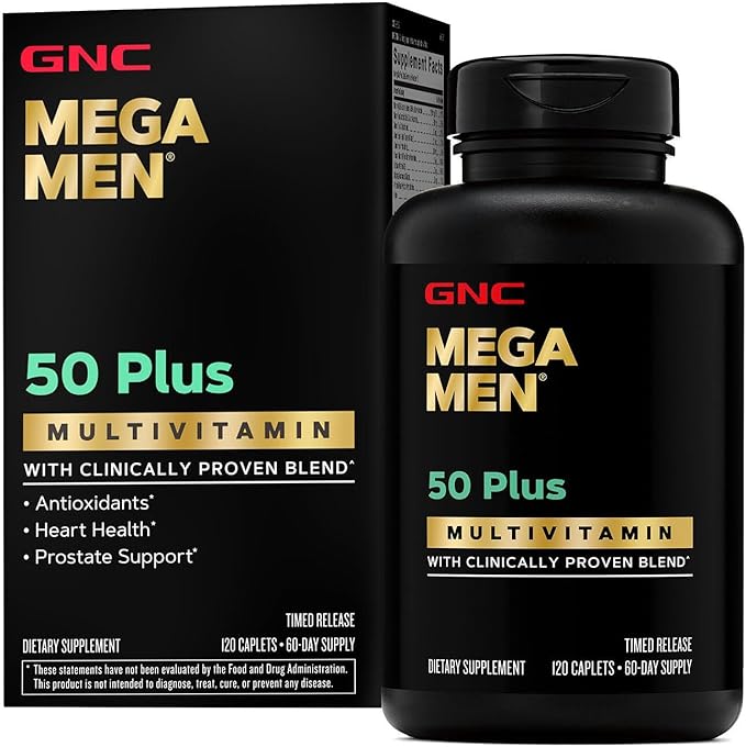 GNC Men's 50+ Heart & Vitality Bundle (2 Items): Triple Strength Fish Oil (60 Softgels) & Mega Men 50 Plus Multivitamin (120 Count)