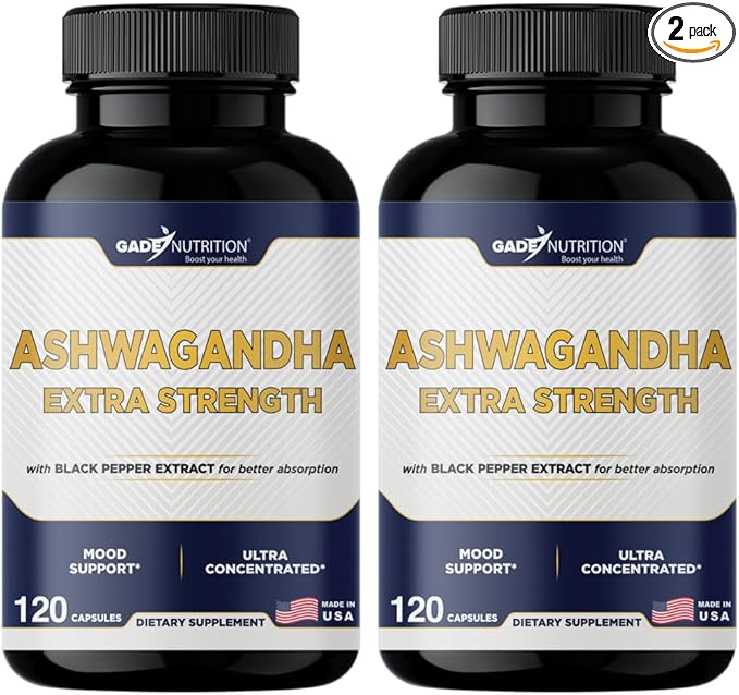 Gade Nutrition Ashwagandha Supplements - Extra Strength, ashwagandha Powder Capsules with Black Pepper, Natural Mood, Focus, and Energy Support Supplement, 120 Veggie Capsules, USA Made (Pack of 2)