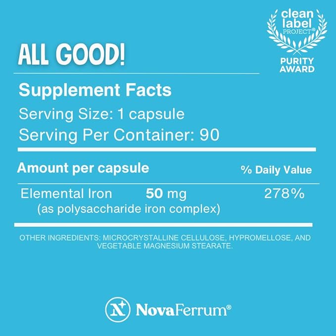 NovaFerrum All Good | Iron Capsule Supplements for Adults | Anemia | 50mg of Iron | 30 Servings | Sugar Free