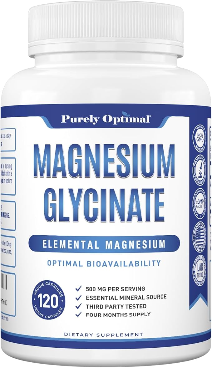 Purely Optimal Magnesium Glycinate 500mg – Sleep Support & Stress Relief – Gentle, High Absorption Magnesium Supplement for Muscle Relaxation, Calm & Nerve Support – 120 Capsules
