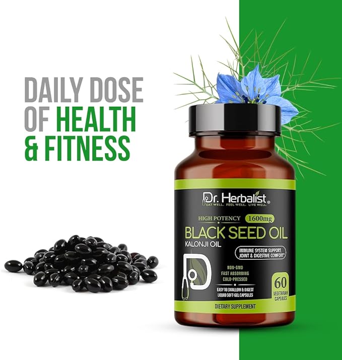 Dr. HERBALIST Black Seed Oil Capsules 1600mg - Cold Pressed Nigella Sativa Softgels with Thymoquinone | Supports Overall Wellness & Immune Vitality* | Halal, Non-GMO | 60ct