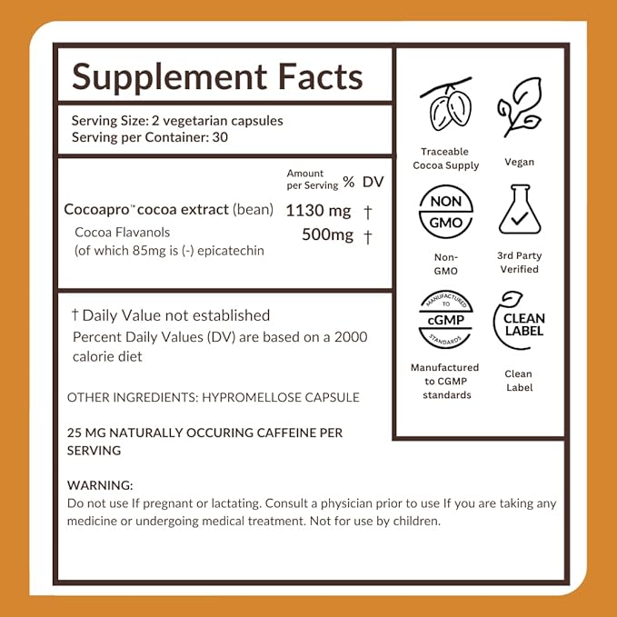 CocoaVia Cocoa Flavanols 500mg – Heart & Brain Support Supplement, High Flavanol Cocoa, Blood Circulation & Memory Booster, Nitric Oxide, Energy & Oxygen Boost, Vegan, Gluten-Free, 60 Capsules