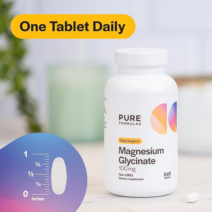 PureFormulas Magnesium Glycinate 100 mg Daily Support for Stress, Nerves, Sleep, Muscles, Metabolism Pure Magnesium Glycinate Supplement for Women and Men Magnesio Non-GMO 240 Tablets
