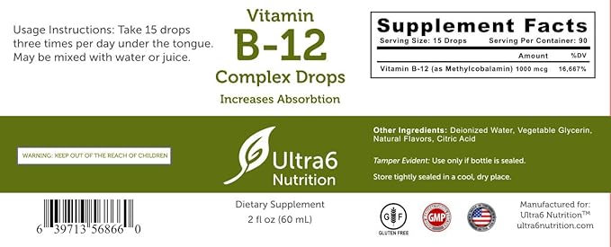 Ultra6 Nutrition Vitamin B12 Sublingual Liquid Drops - B12 Methylcobalamin Supplement Great for Energy & Tiredness - Vitamin-B Supplements for Women & Men - 90 Day Supply