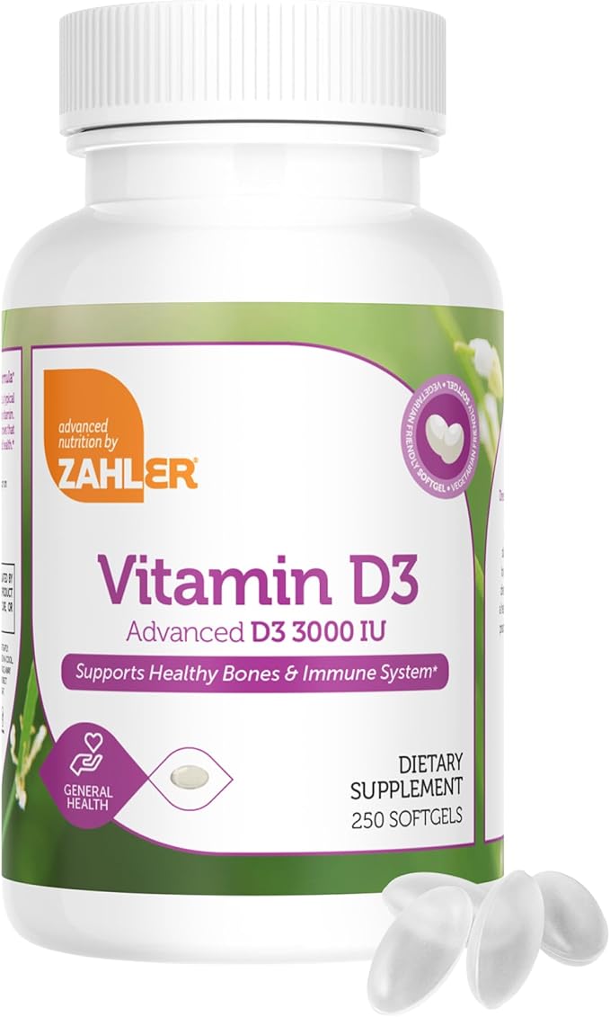 Zahler Vitamin D3 3000IU, Vitamin D3 Supplement 3,000 IU, Certified Kosher (250 Softgels)