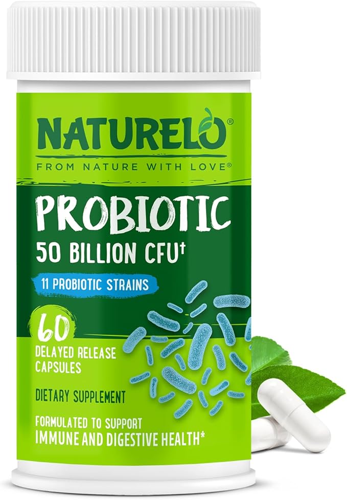 NATURELO Probiotics for Digestive Health, 50 Billion CFU, 60 Vegetarian Capsules, 11 Strains, Daily Use Supplement, Delayed Release, No-Fridge, Boosts Immune System, Probiotics for Women & Men