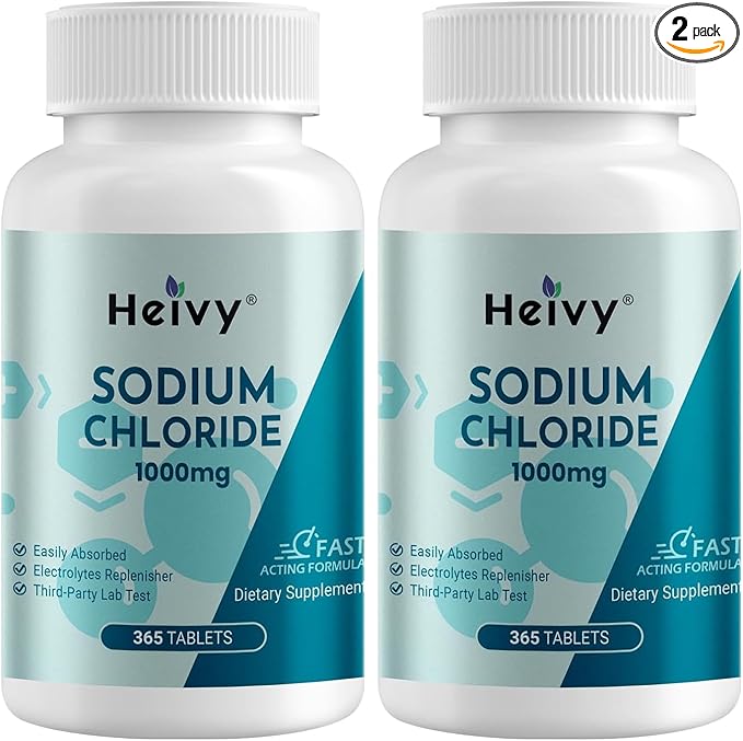 Heivy Sodium Chloride Capsules 1000mg - Pure Salt-Tablets, 365 Tablets, Sodium Chloride, Non-GMO - Electrolyte Balance and Hydration Support, Electrolytes Replenisher Hydration Drink, (Pack of 2)