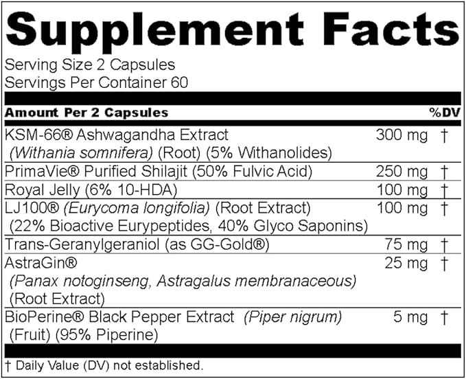 Natural Testosterone Supplement for Men - KSM-66 Ashwagandha, LJ100 Tongkat Ali, PrimaVie Shilajit, Royal Jelly, GG-Gold - Energy, Stamina, & Muscle Support Supplement - 120 Capsules