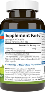 Carlson - Vitamin K2 MK-4 (Menatetrenone), 5 mg, Vitamin K Supplement, Bone Support, K2 Vitamin, Soy-Free, Vitamin K-2, 180 Capsules