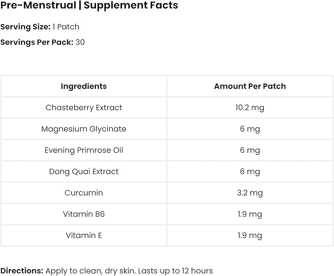 The Patch Remedy Pre Menstrual Patch | Chasteberry, Magnesium, Evening Primrose, Dong Quai, B6 & Vitamin E | 30 Patches