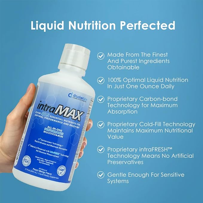 intraMAX Organic Liquid Multivitamin, Non GMO, Dairy Free, Gluten Free, Magnesium, Vitamin D, C and E, Zinc (32 oz., Peach Mango)