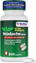 GenCare - Headache Relief Acetaminophen with Aspirin (NSAID) & Caffeine (200 Caplets) Value Pack | Head Pain, Muscle Aches, Back Pain & Body | Generic Excedren Extra Strength