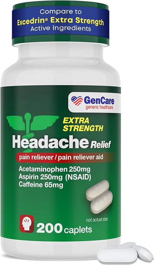 GenCare - Headache Relief Acetaminophen with Aspirin (NSAID) & Caffeine (200 Caplets) Value Pack | Head Pain, Muscle Aches, Back Pain & Body | Generic Excedren Extra Strength