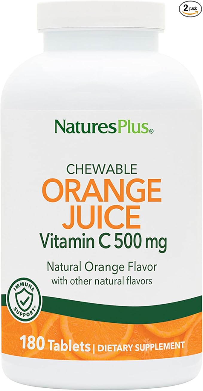 NaturesPlus Orange Juice - 180 Chewable Tablets, 2 Pack - 500 mg Vitamin C - High-Potency Immune Support Supplement, Antioxidant - Gentle on Stomach - Vegan, Gluten Free - 360 Servings