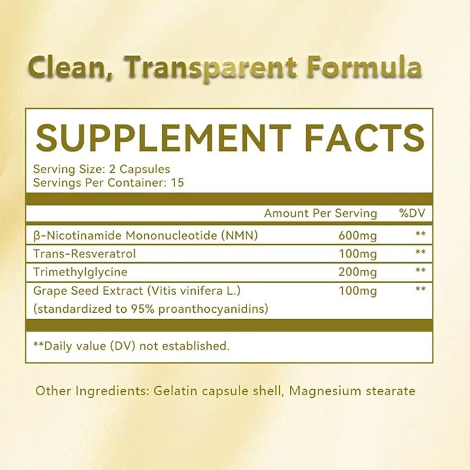 NMN Resveratrol Supplement, 1000mg, 99% Purity, NAD+ for Anti-Aging, DNA Repair, Cellular Energy and Immune Support, 30 Capsules
