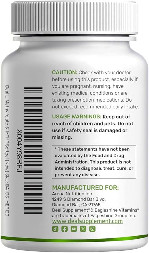 DEAL SUPPLEMENT L-Methylfolate 15 mg Per Serving, 120 Coconut Oil Softgels | 3-in-1 with Active 5-MTHF Methylated Vitamin B9, B6 & Methylated B12 | Active Folate Supplement | Non-GMO, Gluten Free