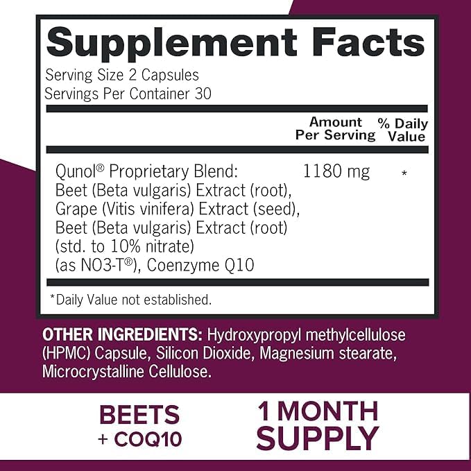 Qunol Blood Pressure Support, 3 in 1 Beets + CoQ10 + Grape Seed Extract, Beet Root Capsules that Supports Healthy Blood Circulation & Heart Healthy Energy, 60 Count (Pack of 1)