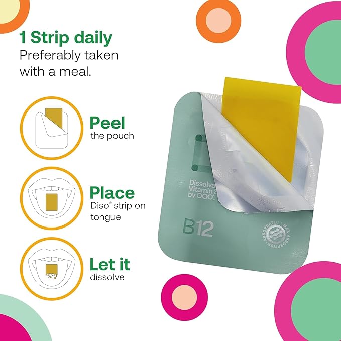 DISO - Vitamin B12 - Fast-Dissolving Oral Strips, for Tiredness and Fatigue, Orange Mint Flavor, Vegan, Sugar Free, Maximum Absorption, Gluten Free, Individually Wrapped, 30 Dissolvable Strips