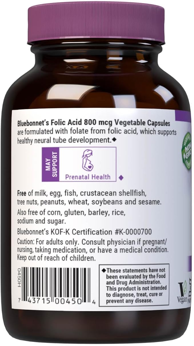 Bluebonnet Nutrition Folic Acid 800mcg, Healthy Neurological Development*, Soy-Free, Gluten-Free, Non-GMO, Kosher Certified, Dairy-Free, Vegan, 90 Vegetable Capsules