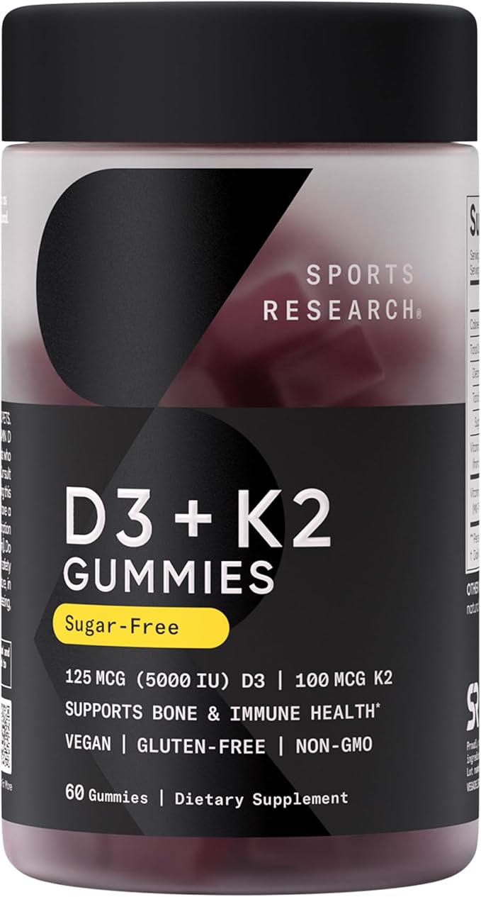 Sports Research® Vegan Vitamin D3 + K2 Sugar Free Gummies - 125mcg (5000iu) Vitamin D w/ 100mcg Mk7 Vitamin K - Supports Bone & Immune Health* - Vegan Certified · Non-GMO · Soy Free - 60 Count