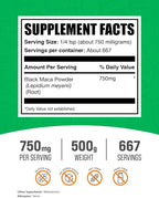 BulkSupplements.com Black Maca Powder - Black Maca Root Supplement, Herbal Supplement for Men & Women - Vegan, Gluten Free, 750mg per Serving, 500g (1.1 lbs) (Pack of 1)