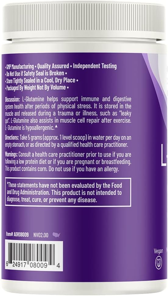 AOR L-Glutamine Powder 5000mg, 450g (90 Servings) – Clean Amino Acid for Active Lifestyles & Daily Wellness Support, Product of Canada
