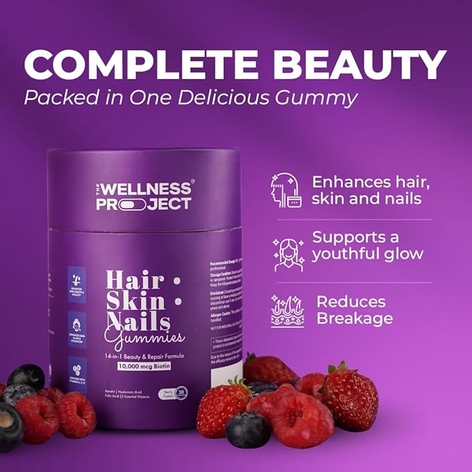 The Wellness Project 14-in-1 Hair, Skin & Nails Gummies with 10,000 mcg Biotin, Keratin, Hyaluronic & Folic Acid, Vitamins A, C, B5, B6 & B12 & Sea Buckthorn | Tasty Mixed Berry Flavor (Pack of 3)