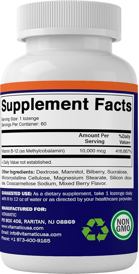 Vitamatic Methyl B12 (Methylcobalamin) 10,000 mcg – 60 Lozenges – Superior Source of Vitamin B12 for Energy & Nerve Health (Pack of 2)