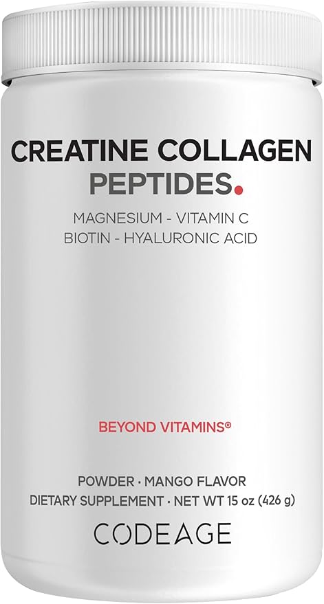 Codeage Creatine Collagen Peptides - Creatine Monohydrate Powder Supplement, Wild-Caught Marine Collagen, Biotin, Magnesium, Vitamin C, Hyaluronic Acid - Mango Flavored - Non-GMO - 15 Oz