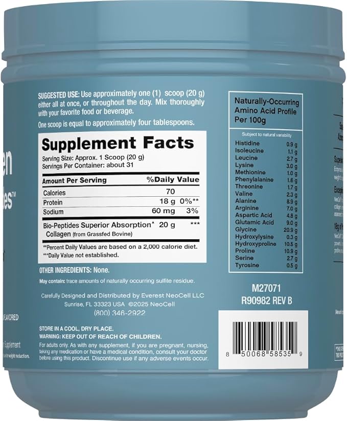 NeoCell Collagen Peptides Powder | 22oz | Super Hair, Skin, and Nails | Superior Absorption | Grassfed Protein Supplement | Advanced with 18 Essential Amino Acids