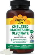 Country Life Chelated Magnesium Glycinate 400mg – High Absorption Magnesium Supplement for Muscle Relaxation, Energy, Bone & Immune Support – Gluten-Free, Vegan, Halal, Non-GMO Verified - 180 Tablets