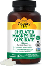 Country Life Chelated Magnesium Glycinate 400mg – High Absorption Magnesium Supplement for Muscle Relaxation, Energy, Bone & Immune Support – Gluten-Free, Vegan, Halal, Non-GMO Verified - 180 Tablets