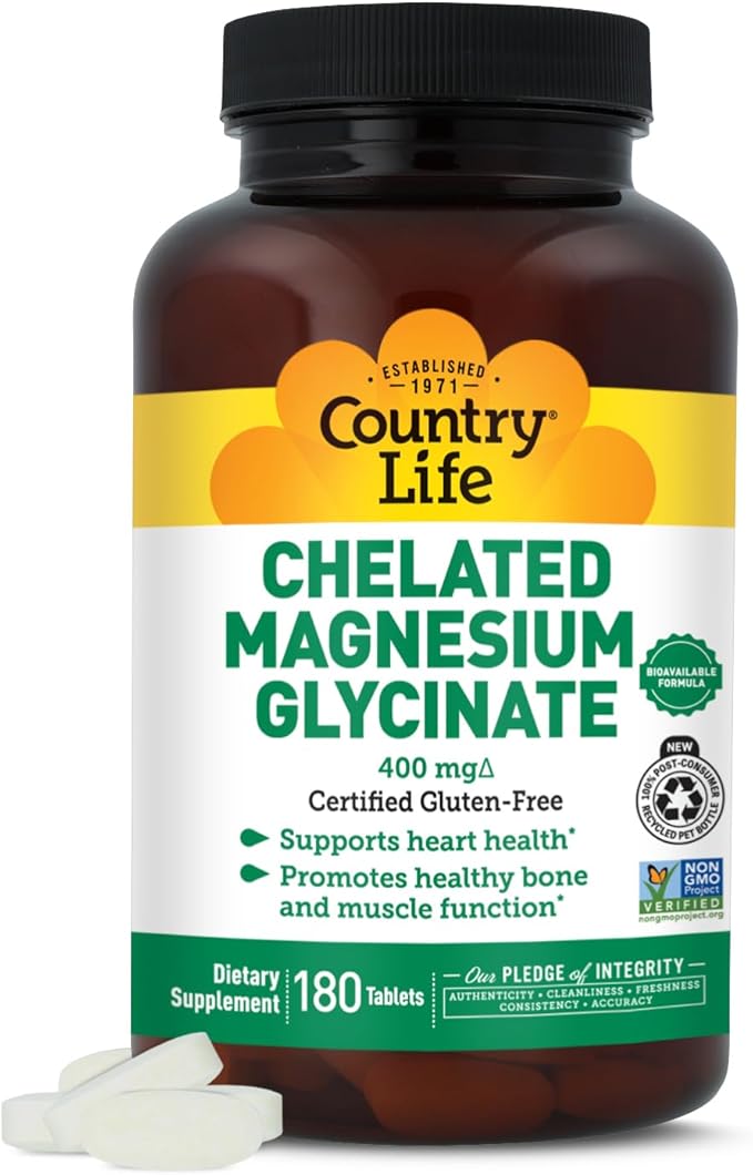Country Life Chelated Magnesium Glycinate 400mg – High Absorption Magnesium Supplement for Muscle Relaxation, Energy, Bone & Immune Support – Gluten-Free, Vegan, Halal, Non-GMO Verified - 180 Tablets