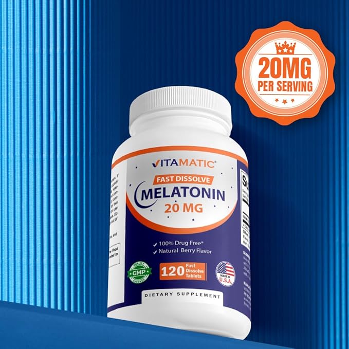 Vitamatic Melatonin 20 mg Tablets | Vegetarian, Non-GMO, Gluten Free | HIGH Potency 20 MG | Natural Berry Flavor (1/2 Tablets = Melatonin 10 mg) (120 Count (Pack of 3))