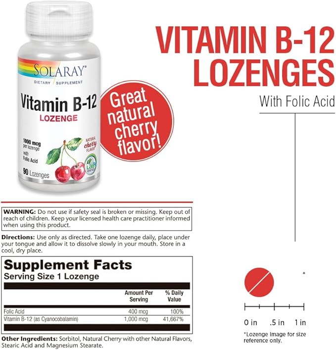 SOLARAY Vitamin B-12 1000mcg Lozenges with Folic Acid | Natural Cherry Flavor | Healthy Energy Support | 90CT
