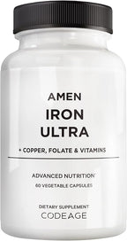Amen Iron Ultra Supplement + Copper, Folate, Vitamin C and B12-2-Month Supply - Ferrous Sulfate Iron Vitamin - 65mg Per Serving - Folic Acid - Non-GMO Pills - 60 Capsules
