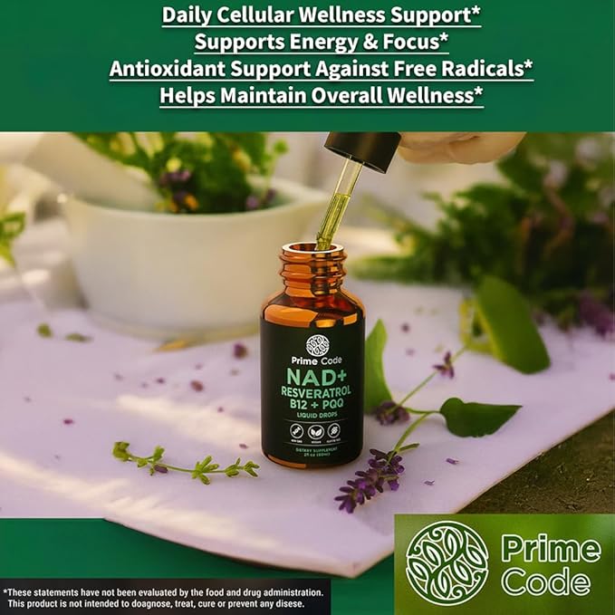 Prime Code NAD+ Liquid Drops with Resveratrol, Vitamin B12 & PQQ – Advanced Cellular Energy & Antioxidant Support – Vegan, Non-GMO, Gluten Free – Fast Absorption Supplement for Men & Women, 2 fl oz