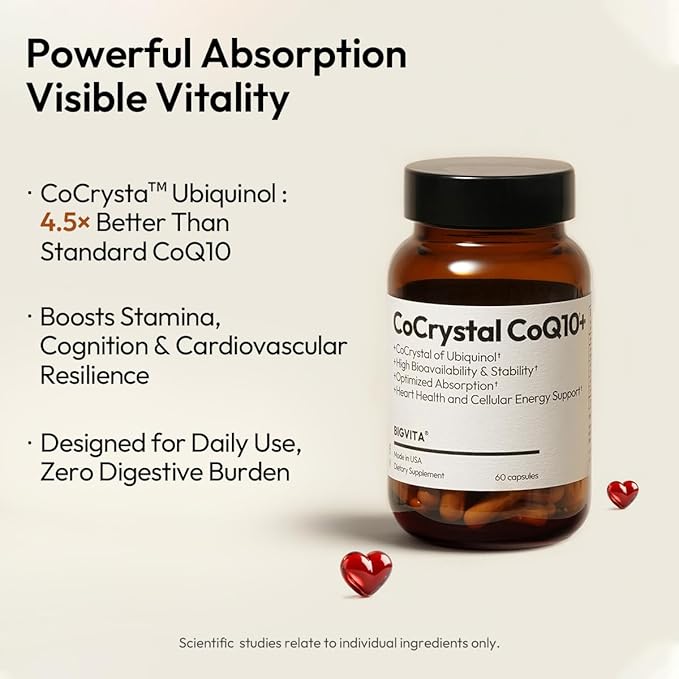 BIGVITA CoCrystal CoQ10 + 120 mg Ubiquinol – Ultra-Absorption Formula with PQQ, SOD & BioPerine – Supports Heart, Energy & Cellular Vitality – 60 Capsules - 2 Month Supply